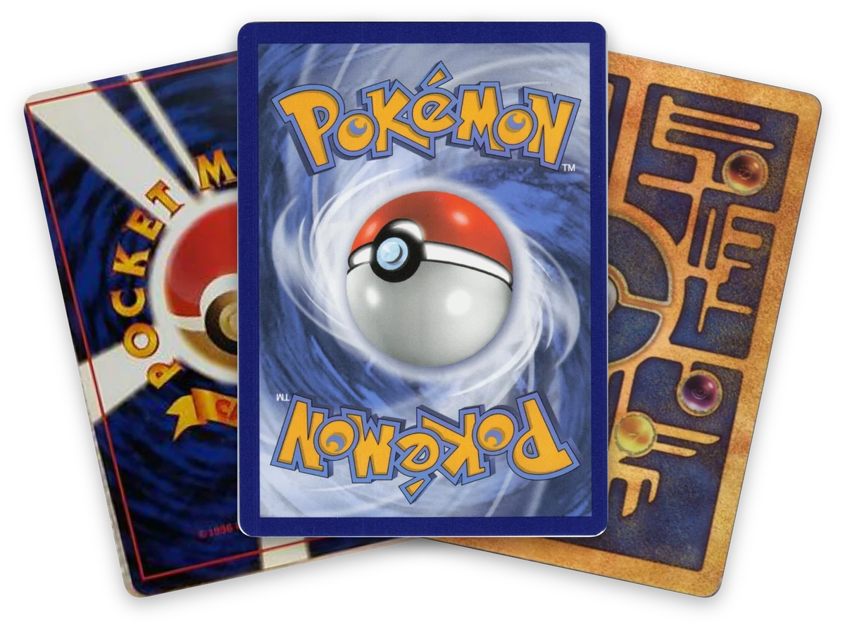 A fanned stack of vintage Pokémon trading cards, face down
