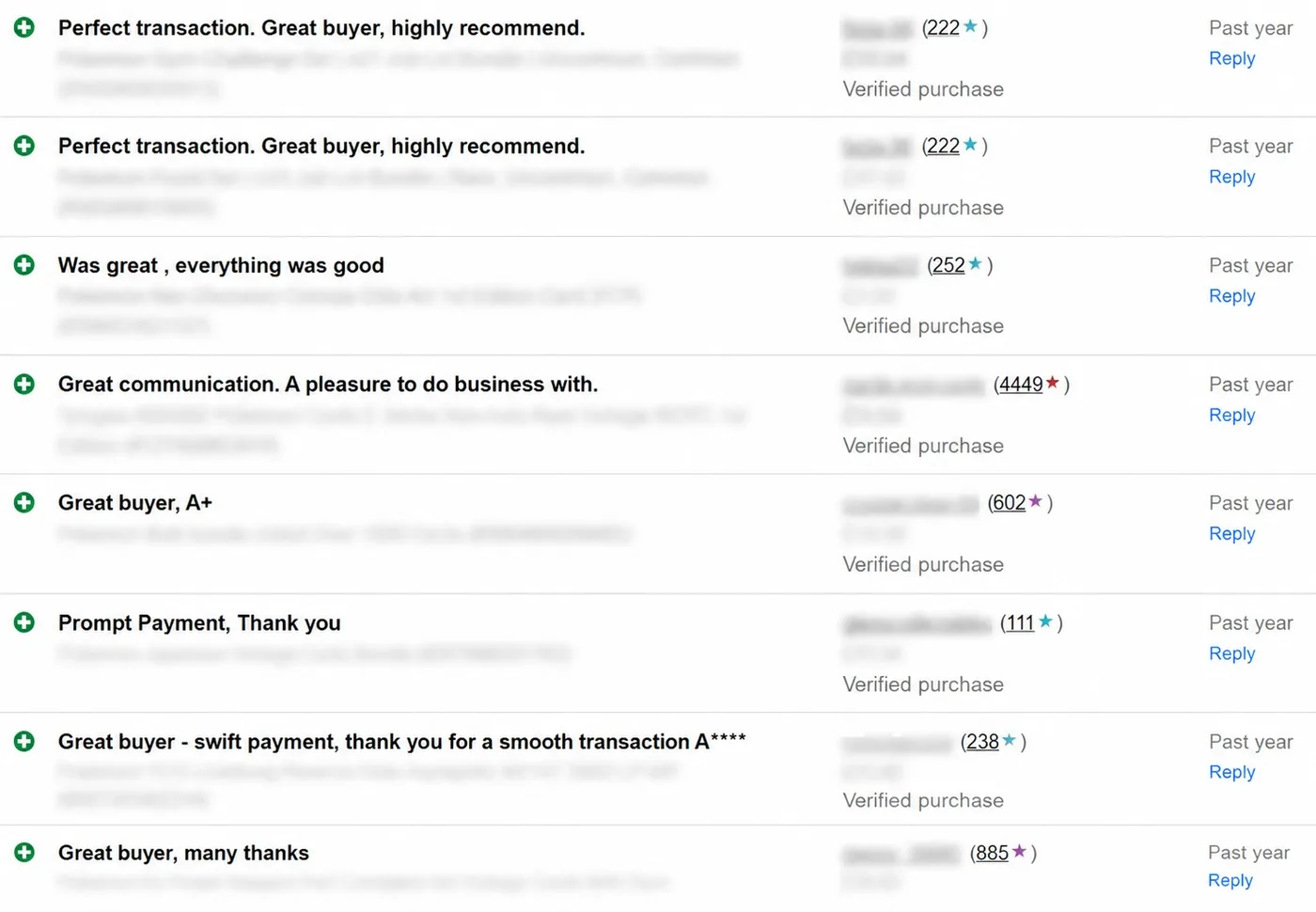 A screenshot of eBay feedback left for us, showing comments such as “Perfect transaction. Great buyer, highly recommend.”, “Prompt Payment, Thank you” and “Great communication. A pleasure to do business with.”, each marked as a verified purchase.
