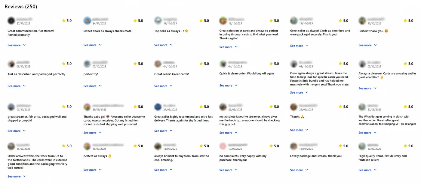 A screenshot of a Whatnot seller profile headed “Reviews (250)”, showing a grid of five-star reviews with comments such as “Great seller! Great cards!”, “Just as described and packaged perfectly” and “High quality items, fast delivery and fantastic seller!”.